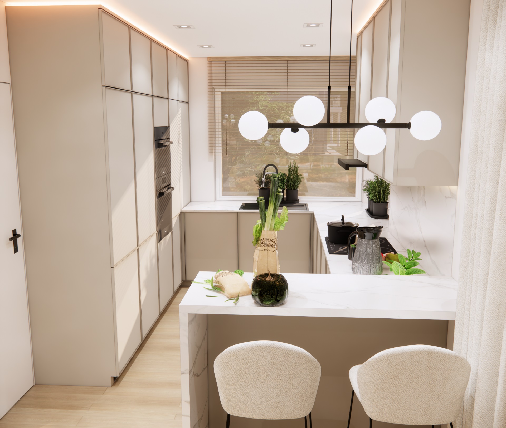 Nowoczesna kuchnia z półwyspem, hokerami i oświetleniem kulistym, otwarta na jadalnię